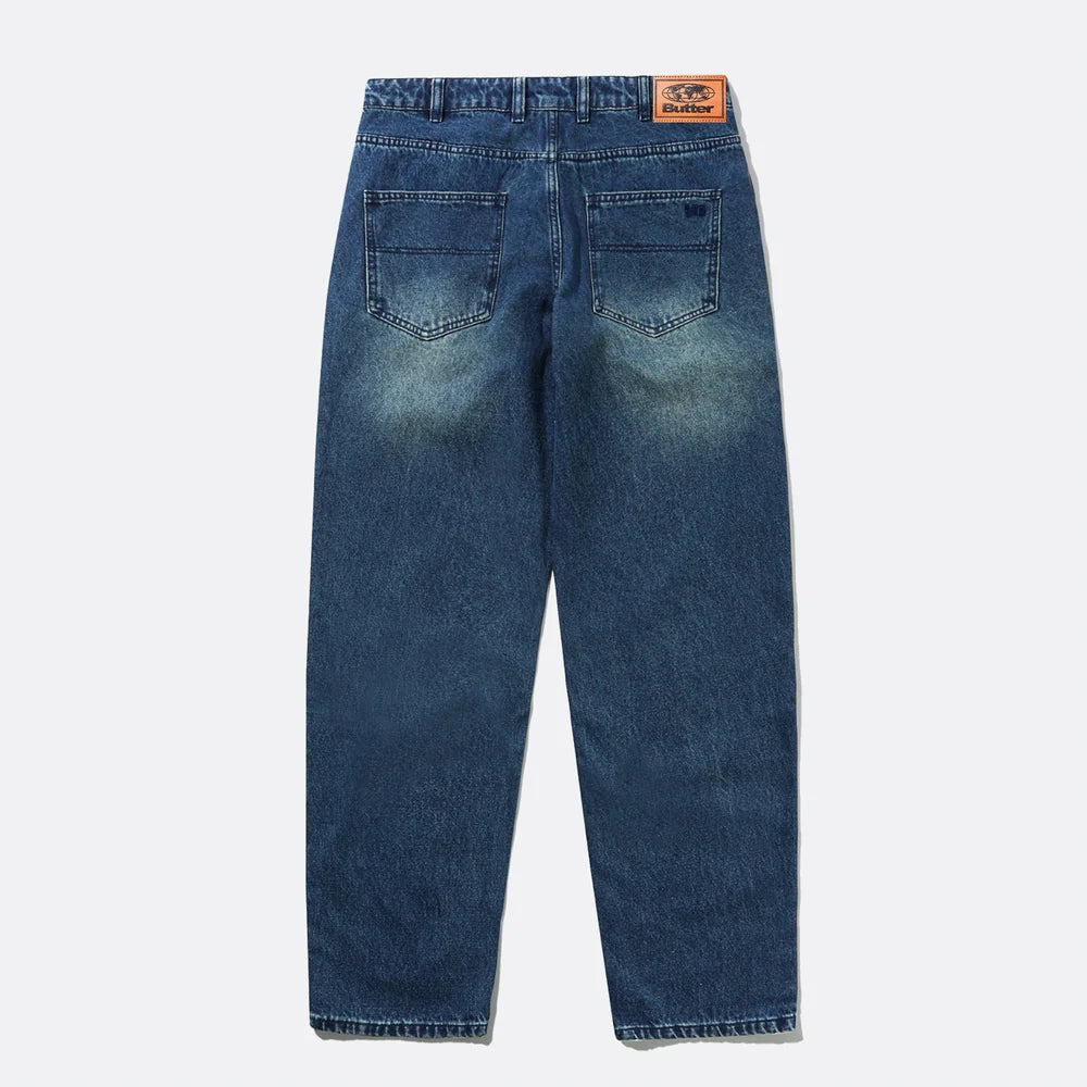 Straight Leg Denim Jeans - Distressed Indigo Foncé