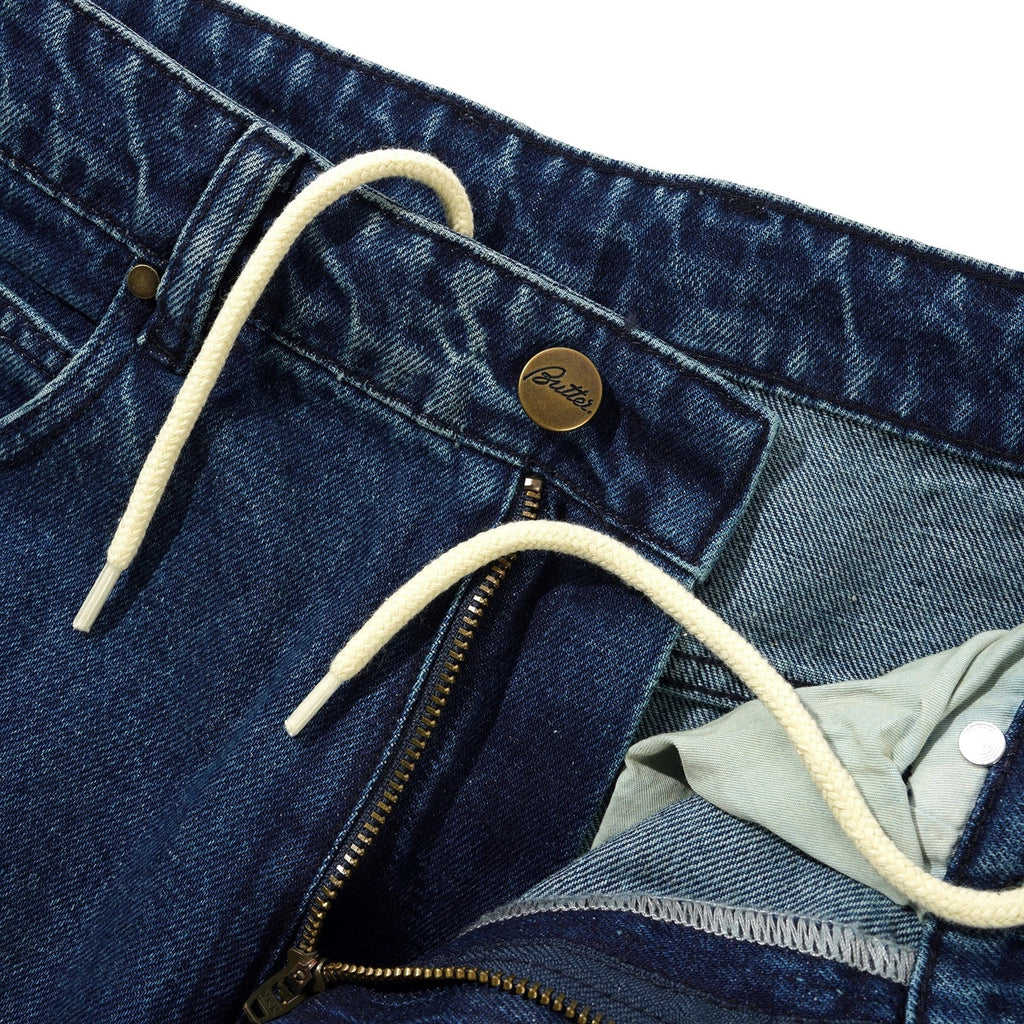 Straight Leg Denim Jeans - Distressed Indigo Foncé